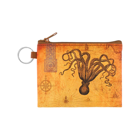 LAVISHY's unisex key ring coin purse with vintage style octopus illustration over antique map print. Great for everyday use, travel & gift for friends & family. 