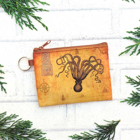 LAVISHY's unisex key ring coin purse with vintage style octopus illustration over antique map print. Great for everyday use, travel & gift for friends & family. 
