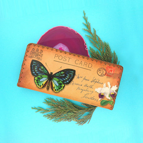 BW-ZG021: Mlavi vintage style Butterfly & orchid vintage post card print large flat wallet