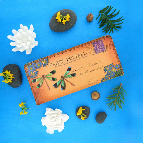 BW-ZG022: Mlavi vintage style dragonfly & lotus vintage post card print large flat wallet for women