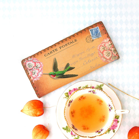 BW-ZG023: Mlavi hummingbird & flower vintage post card print vegan large flat wallet for women