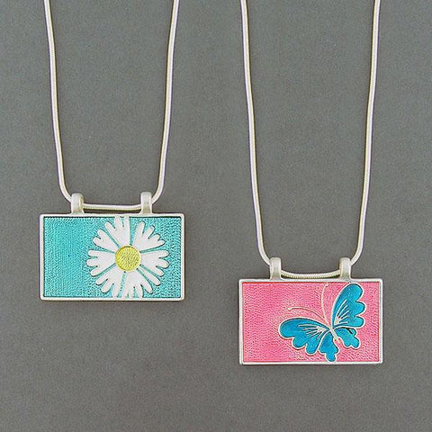 Online shopping for LAVISHY handmade silver plated reversible daisy & butterfly enamel necklace. A great gift for you or your girlfriend, wife, co-worker, friend & family. Wholesale available at www.lavishy.com with many unique & fun fashion accessories for gift shops and boutiques in Canada, USA & worldwide.
