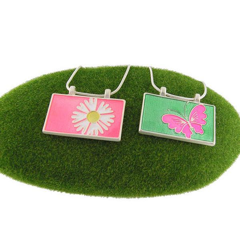 Online shopping for LAVISHY handmade silver plated reversible daisy & butterfly enamel necklace. A great gift for you or your girlfriend, wife, co-worker, friend & family. Wholesale available at www.lavishy.com with many unique & fun fashion accessories for gift shops and boutiques in Canada, USA & worldwide.