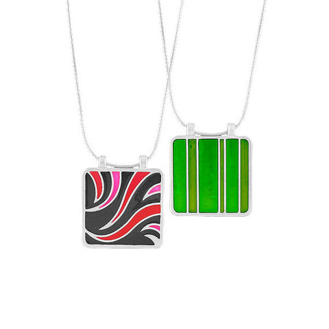 Silver plated color stripe & geometric pattern enamel necklace