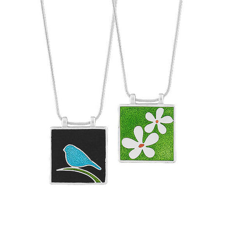 Online shopping for LAVISHY's handmade silver plated reversible pendant necklace with colorful bird & flower motifs. Great for everyday wear & lovely gift for friends & family. Wholesale at www.lavishy.com for gift shops, clothing & fashion accessories boutiques in Canada, USA & worldwide since 2001.