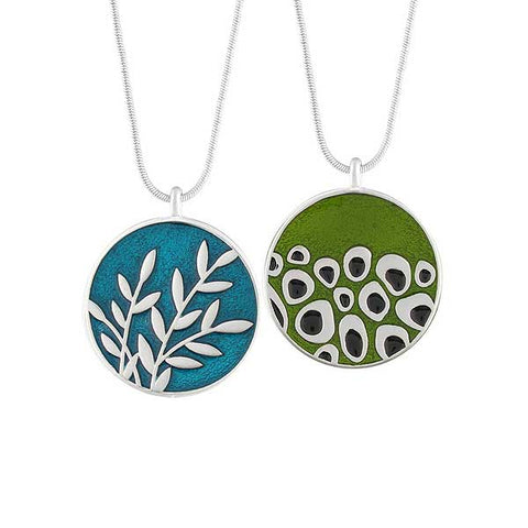 Online shopping for LAVISHY's handmade silver plated reversible pendant necklace with leaf & geometric pattern enamel pattern. Great for everyday wear & lovely gift for friends & family. Wholesale at www.lavishy.com for gift shops, clothing & fashion accessories boutiques in Canada, USA & worldwide since 2001.