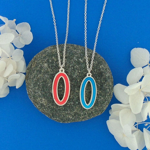 Handmade jewel tone oval circle reversible enamel pendant necklace