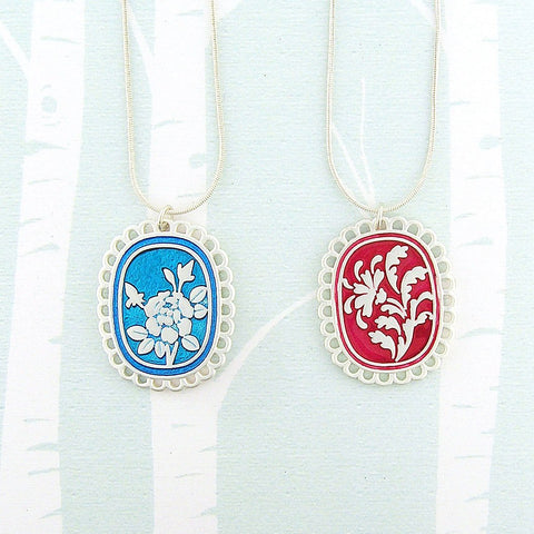 Online shopping for LAVISHY handmade silver plated reversible rose flower & damask pattern enamel necklace. A great gift for you or your girlfriend, wife, co-worker, friend & family. Wholesale available at www.lavishy.com with many unique & fun fashion accessories for gift shops and boutiques in Canada, USA & worldwide.