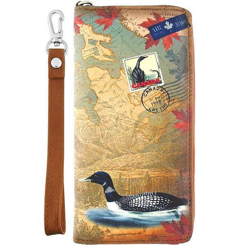 LAVISHY cool vegan/faux leather wristlet wallet with vintage style Canadian loon illustration on the Canadian map background print. It's a great for everyday use & gift for traveler. Wholesale available at www.lavishy.com with other unique fashion accessories/souvenirs.