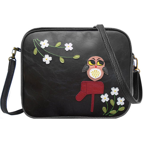 LAVISHY fun & playful applique vegan leather cross body bag/toiletry bag with adorable bright eyed owl on mailbox applique. It's Eco-friendly, ethically made, cruelty free. Wholesale available at www.lavishy.com with many unique & fun fashion accessories.