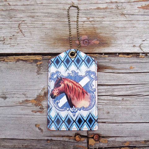 Online shopping for vegan brand LAVISHY's vegan/faux leather vintage style horse print vegan luggage tag. It's a great gift idea for you or your friends & family. Wholesale available to gift shop, boutique store & corporate buyers at www.lavishy.com with many unique & fun fashion accessories & travel accessories.