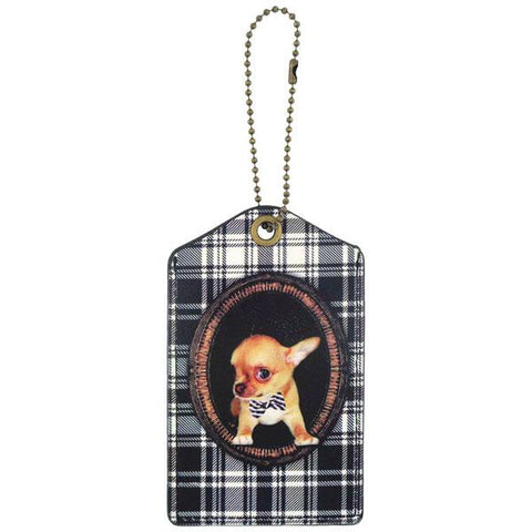 Online shopping for vegan brand LAVISHY's vegan/faux leather vintage style chihuahua puppy print vegan luggage tag. It's a great gift idea for you or your friends & family. Wholesale available to gift shop, boutique store & corporate buyers at www.lavishy.com with many unique & fun fashion accessories & travel accessories.