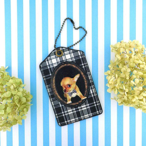 Online shopping for vegan brand LAVISHY's vegan/faux leather vintage style chihuahua puppy print vegan luggage tag. It's a great gift idea for you or your friends & family. Wholesale available to gift shop, boutique store & corporate buyers at www.lavishy.com with many unique & fun fashion accessories & travel accessories.