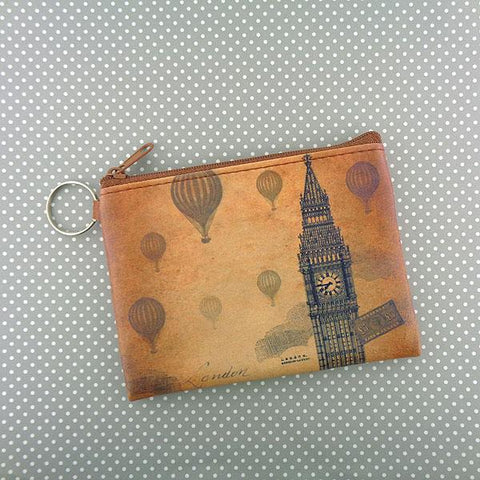 vegan brand LAVISHY's unisex key ring coin purse with vintage style London Big Ben illustration on the old map background print. Great for everyday use, travel & gift for friends & family. Wholesale at www.lavishy.com for gift shop, fashion accessories & clothing boutiques, book stores worldwide since 2001.
