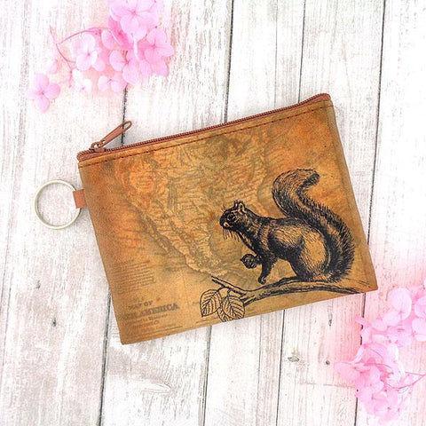 vegan brand LAVISHY's unisex key ring coin purse with vintage style squirrel illustration on the old map background print. Great for everyday use, travel & gift for friends & family. Wholesale at www.lavishy.com for gift , fashion accessories & clothing boutiques, book stores worldwide since 2001.