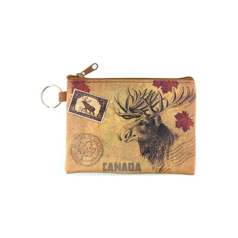 vegan brand LAVISHY's unisex key ring coin purse with vintage style moose illustration on the old map background print. Great for everyday use, travel & gift for friends & family. Wholesale at www.lavishy.com for gift shops, fashion accessories & clothing boutiques, book stores since 2001.