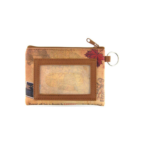 vegan brand LAVISHY's unisex key ring coin purse with vintage style moose illustration on the old map background print. Great for everyday use, travel & gift for friends & family. Wholesale at www.lavishy.com for gift shops, fashion accessories & clothing boutiques, book stores since 2001.