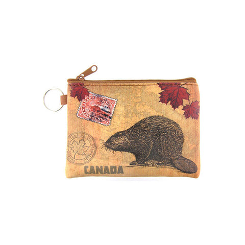 vegan brand LAVISHY's unisex key ring coin purse with vintage style beaver illustration on the old map background print. Great for everyday use, travel & gift for friends & family. Wholesale at www.lavishy.com for gift shops, fashion accessories & clothing boutiques, book stores since 2001.