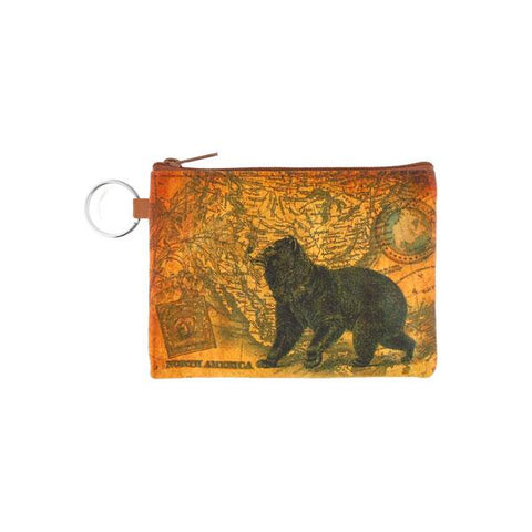 vegan brand LAVISHY's unisex key ring coin purse with vintage style bear illustration on the old map background print. Great for everyday use, travel & gift for friends & family. Wholesale at www.lavishy.com for gift Online shopping for LAVISHYs, fashion accessories & clothing boutiques, book stores worldwide since 2001.