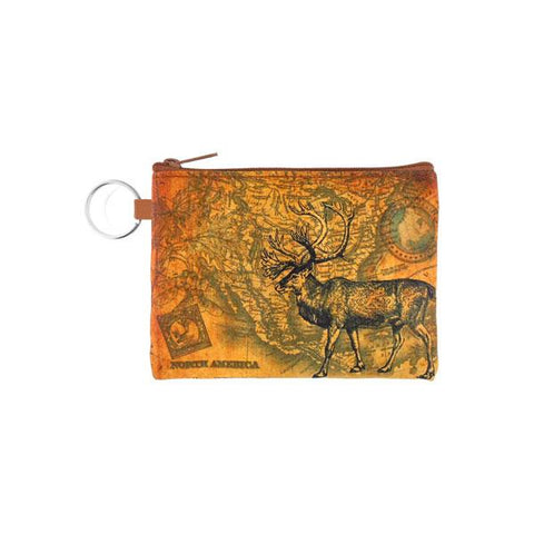 vegan brand LAVISHY's unisex key ring coin purse with vintage style caribou illustration on the old map background print. Great for everyday use, travel & gift for friends & family. Wholesale at www.lavishy.com for gift Online shopping for LAVISHYs, fashion accessories & clothing boutiques, book stores worldwide since 2001.