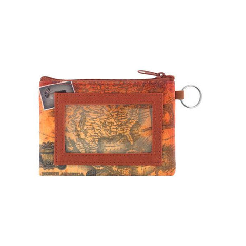 vegan brand LAVISHY's unisex key ring coin purse with vintage style caribou illustration on the old map background print. Great for everyday use, travel & gift for friends & family. Wholesale at www.lavishy.com for gift Online shopping for LAVISHYs, fashion accessories & clothing boutiques, book stores worldwide since 2001.