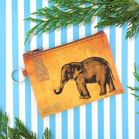 Online shopping for LAVISHYping for vegan brand LAVISHY's unisex key ring coin purse with vintage style elephant illustration on the old map background print. Great for everyday use, travel & gift for friends & family. Wholesale at www.lavishy.com for gift Online shopping for LAVISHYs, fashion accessories & clothing boutiques, book stores worldwide since 2001.