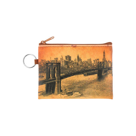 Online shopping for vegan brand LAVISHY's unisex key ring coin purse with vintage style Brooklyn bridge illustration print. Great for everyday use, travel & gift for friends & family. Wholesale at www.lavishy.com for gift shops, fashion accessories & clothing boutiques, book stores since 2001.