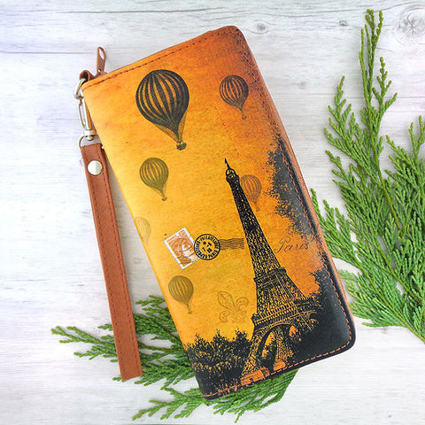 LAVISHY cool wristlet large wallet with vintage style Paris Eiffel Tower illustration on old map background print. Great for everyday use & travel. A cool gift for family & friends. Wholesale at www.lavishy.com for gift LAVISHYs, fashion accessories & clothing boutiques, book stores since 2001.