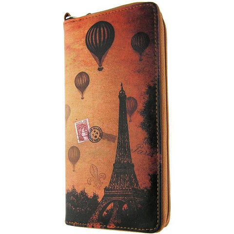 LAVISHY cool wristlet large wallet with vintage style Paris Eiffel Tower illustration on old map background print. Great for everyday use & travel. A cool gift for family & friends. Wholesale at www.lavishy.com for gift LAVISHYs, fashion accessories & clothing boutiques, book stores since 2001.