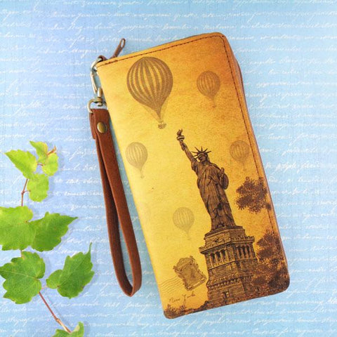 LAVISHY cool wristlet large wallet with vintage style New York Statue of Liberty illustration on old map background print. Great for everyday use & travel. A cool gift for family & friends. Wholesale at www.lavishy.com for gift LAVISHYs, fashion accessories & clothing boutiques, book stores since 2001.