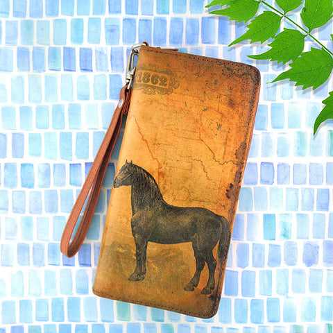 LAVISHY cool wristlet large wallet with vintage style horse illustration on old map background print. Great for everyday use & travel. A cool gift for family & friends. Wholesale at www.lavishy.com for gift LAVISHYs, fashion accessories & clothing boutiques, book stores since 2001.