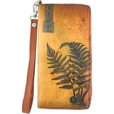 LAVISHY cool wristlet large wallet with vintage style fern illustration on old map background print. Great for everyday use & travel. A cool gift for family & friends. Wholesale at www.lavishy.com for gift LAVISHYs, fashion accessories & clothing boutiques, book stores since 2001.