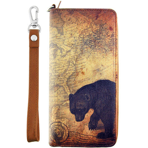 LAVISHY cool vegan/faux leather wristlet wallet with vintage style bear illustration on old map background print. It's a great for everyday use & gift for traveler. Wholesale available at www.lavishy.com with other unique fashion accessories/souvenirs.