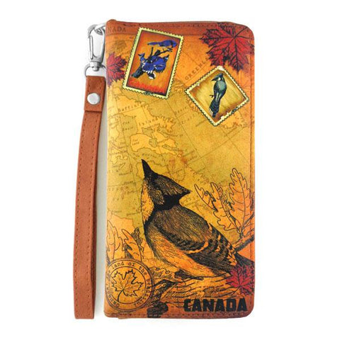 LAVISHY Canada blue jay bird print unisex vegan large wristlet wallet