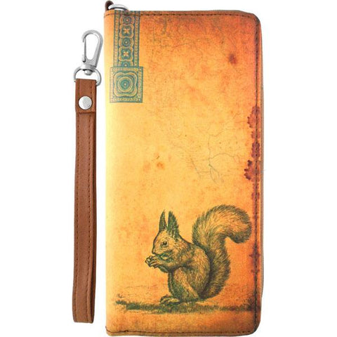 LAVISHY cool wristlet large wallet with vintage style squirrel illustration on old Kraft paper background print. Great for everyday use & travel. A cool gift for family & friends. Wholesale at www.lavishy.com for gift LAVISHY, fashion accessories & clothing boutique, book store since 2001.