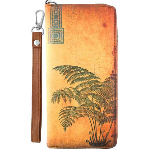 LAVISHY cool wristlet large wallet with vintage style fern illustration on old Kraft paper background print. Great for everyday use & travel. A cool gift for family & friends. Wholesale at www.lavishy.com for gift LAVISHY, fashion accessories & clothing boutique, book store since 2001.