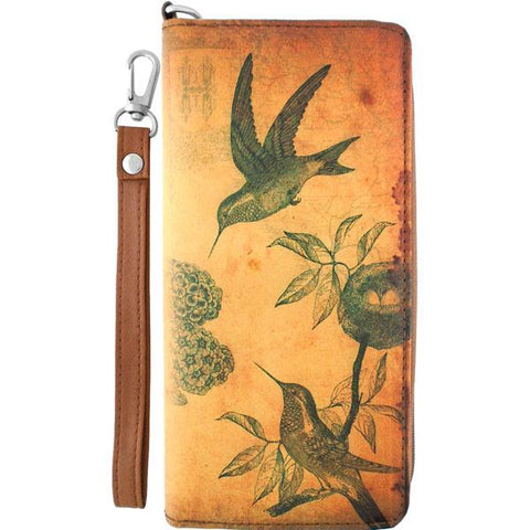 LAVISHY cool wristlet large wallet with vintage style hummingbird illustration on old Kraft paper background print. Great for everyday use & travel. A cool gift for family & friends. Wholesale at www.lavishy.com for gift LAVISHY, fashion accessories & clothing boutique, book store since 2001.