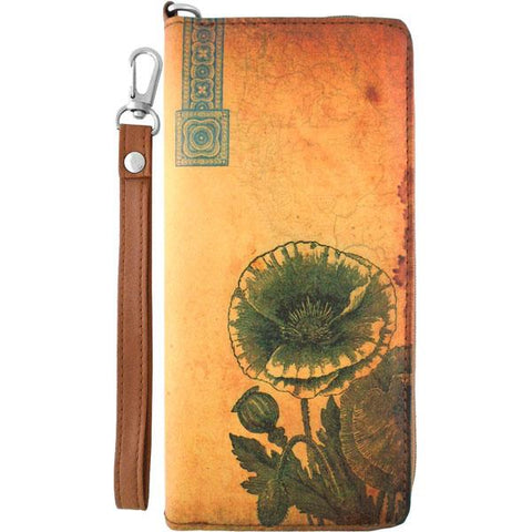 LAVISHY cool wristlet large wallet with vintage style poppy flower illustration on old Kraft paper background print. Great for everyday use & travel. A cool gift for family & friends. Wholesale at www.lavishy.com for gift LAVISHY, fashion accessories & clothing boutique, book store since 2001.