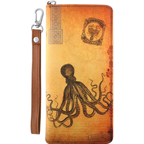 LAVISHY cool wristlet large wallet with vintage style octopus illustration on old map background print. Great for everyday use & travel. A cool gift for family & friends. Wholesale at www.lavishy.com for gift shops, fashion accessories & clothing boutiques, book stores since 2001.