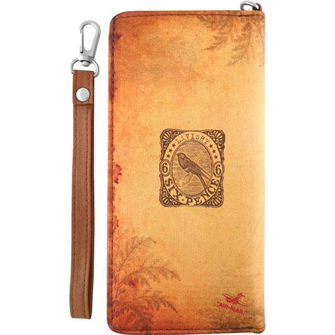 LAVISHY unisex large wristlet wallet with vintage style swallow birds illustration on old Kraft paper background print. Great for everyday use & travel. Cool gift for family & friends. Wholesale at www.lavishy.com for gift shop, fashion accessories & clothing boutique, book store since 2001.