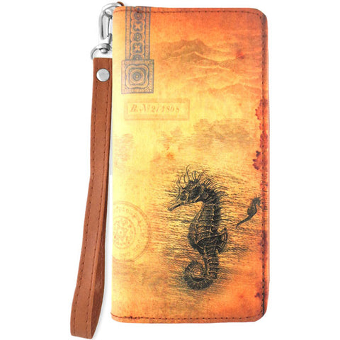 LAVISHY cool wristlet large wallet with vintage style seahorse illustration on old map background print. Great for everyday use & travel. A cool gift for family & friends. Wholesale at www.lavishy.com for gift LAVISHYs, fashion accessories & clothing boutiques, book stores since 2001.