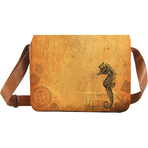 LAVISHY cool unisex vegan/faux leather large messenger/travel bag with vintage style seahorse print. It's a great gift idea for you or your friends, co-worker & family. Wholesale available at www.lavishy.com with unique & fun vegan fashion accessories for retailers like gift & boutique.