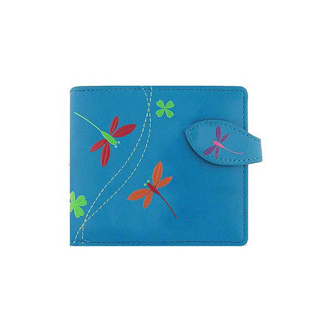 Blue LAVISHY Eco-friendly embossed dragonfly &lucky four leaf clover vegan medium bi-fold wallet for women. Great for everyday use or as gift idea for friends & family. 