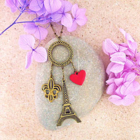 Online shopping for LAVISHY fun & affordable vintage style Paris Eiffel Tower charm, Fleur-de-lis charm and red epoxy heart charm long necklace. A great gift for you or your girlfriend, wife, co-worker, friend & family. Wholesale available at www.lavishy.com with many unique & fun fashion accessories.