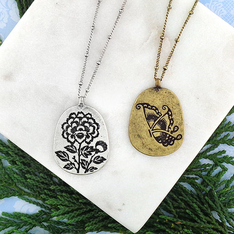 LAVISHY butterfly & peony flower vintage style reversible necklace
