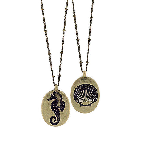 LAVISHY handmade seahorse & seashell vintage style reversible necklace