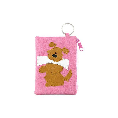 Online shopping for vegan brand LAVISHY's playful applique vegan key ring coin purse with adorable dog with newspaper applique. Great for everyday use, fun gift for family & friends. Wholesale at www.lavishy.com for gift shop, clothing & fashion accessories boutique, book store in Canada, USA & worldwide since 2001.