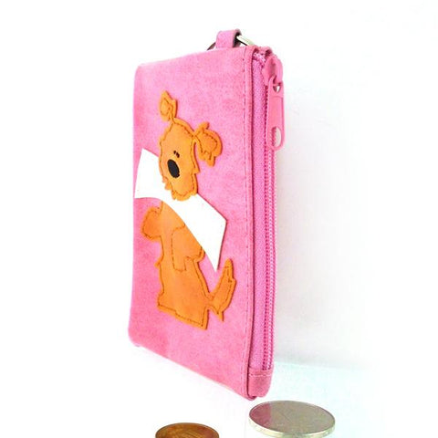 Online shopping for vegan brand LAVISHY's playful applique vegan key ring coin purse with adorable dog with newspaper applique. Great for everyday use, fun gift for family & friends. Wholesale at www.lavishy.com for gift shop, clothing & fashion accessories boutique, book store in Canada, USA & worldwide since 2001.