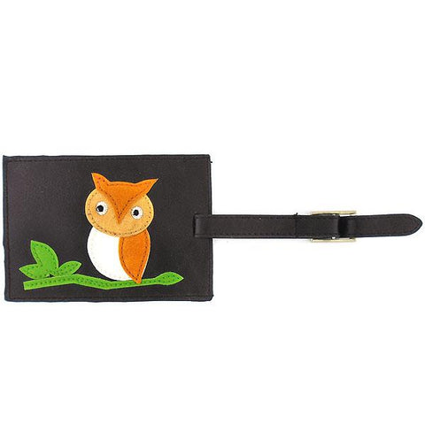 Online shopping for vegan brand LAVISHY's fun & playful vegan/faux leather luggage tag with adorable owl on a tree branch applique. It's Eco-friendly, ethically made, cruelty free. A great gift for you or your friends & family. Wholesale at www.lavishy.com with many unique & fun fashion accessories.