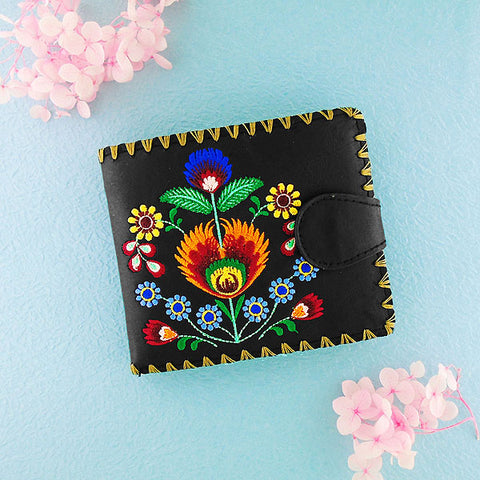 LAVISHY embroidered Polska flora vegan medium bifold wallet for women